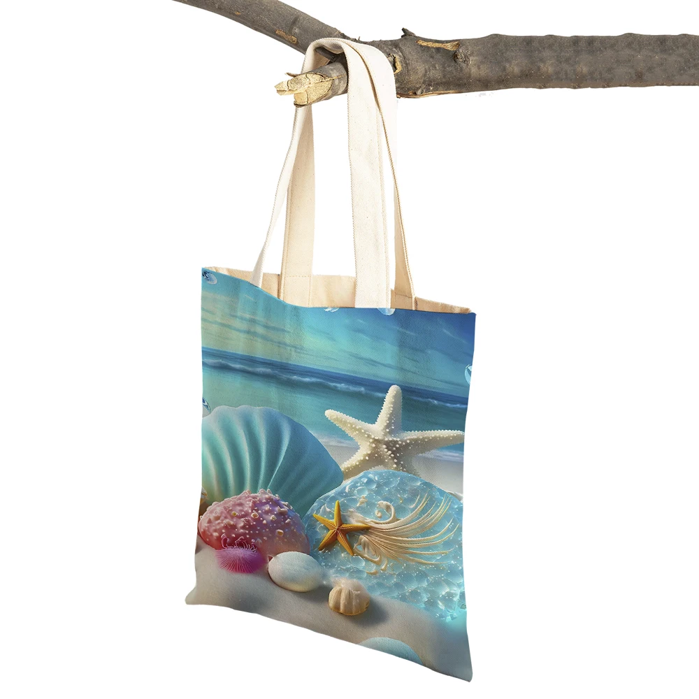 Fantasy Shell Seaside Scenery Ocean Animal Women Shopping Shoulder Bags Both Sided Canvas Cloth Lady Travel Tote Shopper Bag