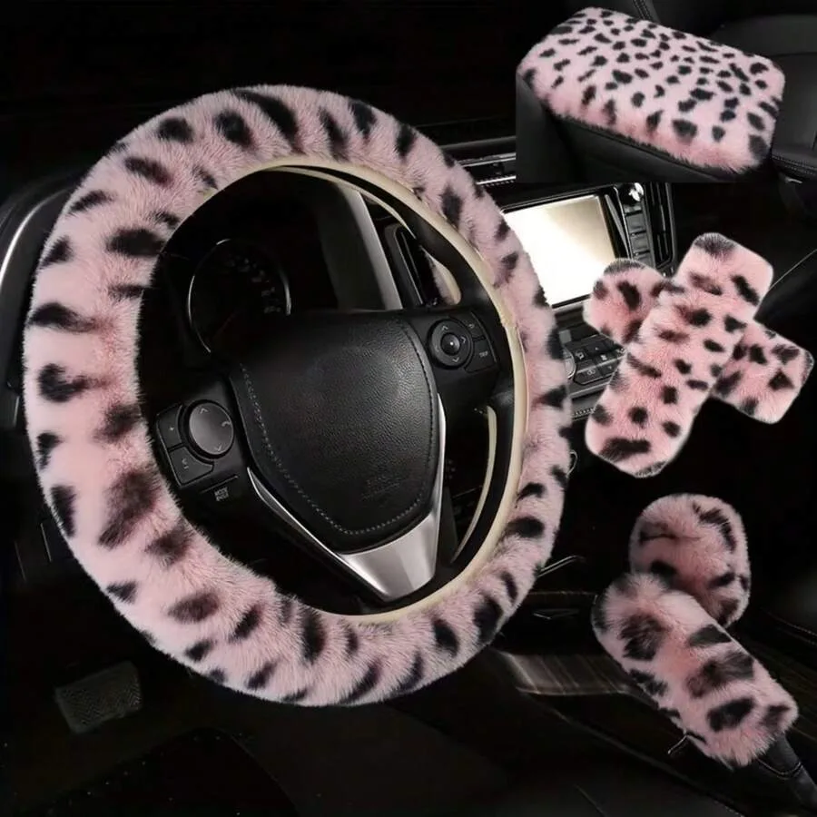 

6pcs Winter Fluffy Leopard Print Steering Wheel Cover Set, Fashionable Plush Steering Wheel Handle Cover, Car Interior Aesthetic Ladies' Set