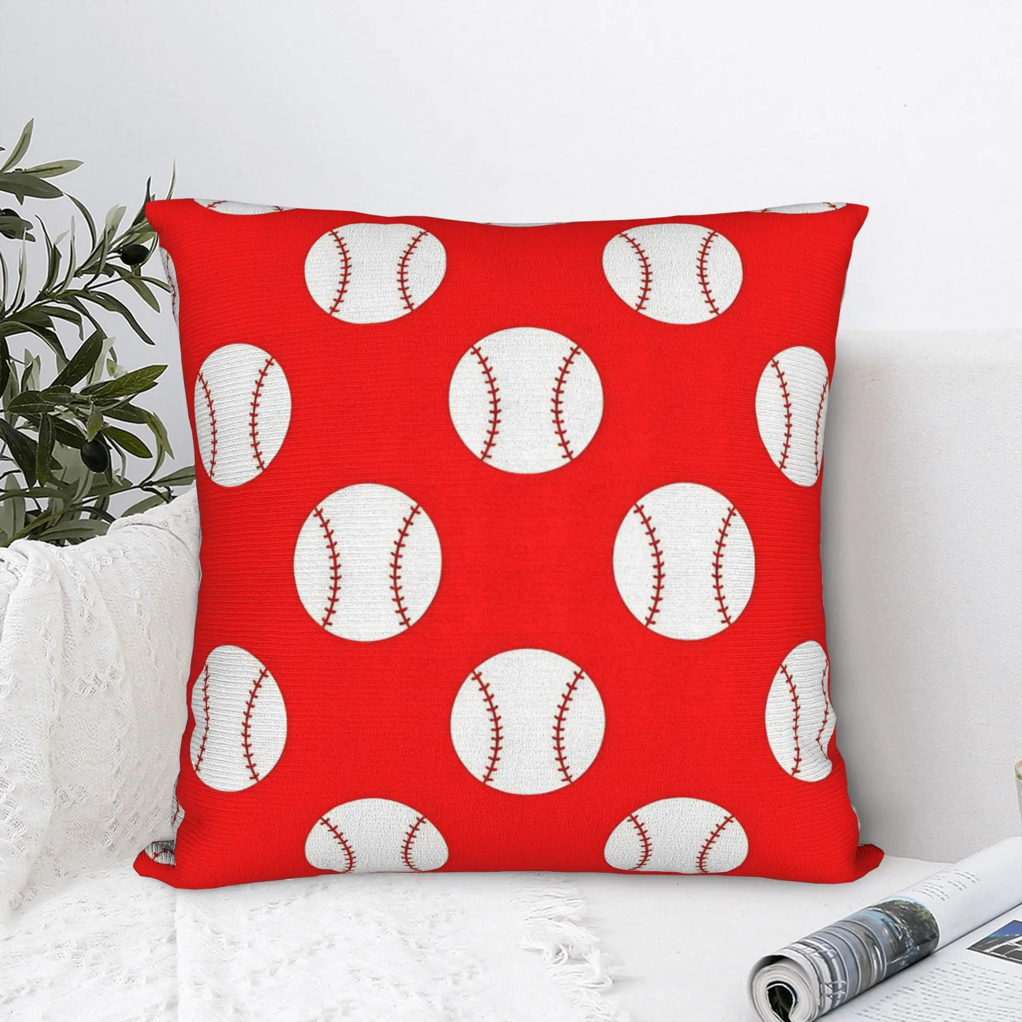 Red Stitching Baseball  Square Pillow Covers  Home Red Background Pattern  Cushion Cover Cute Decorative Throw Pillow Case