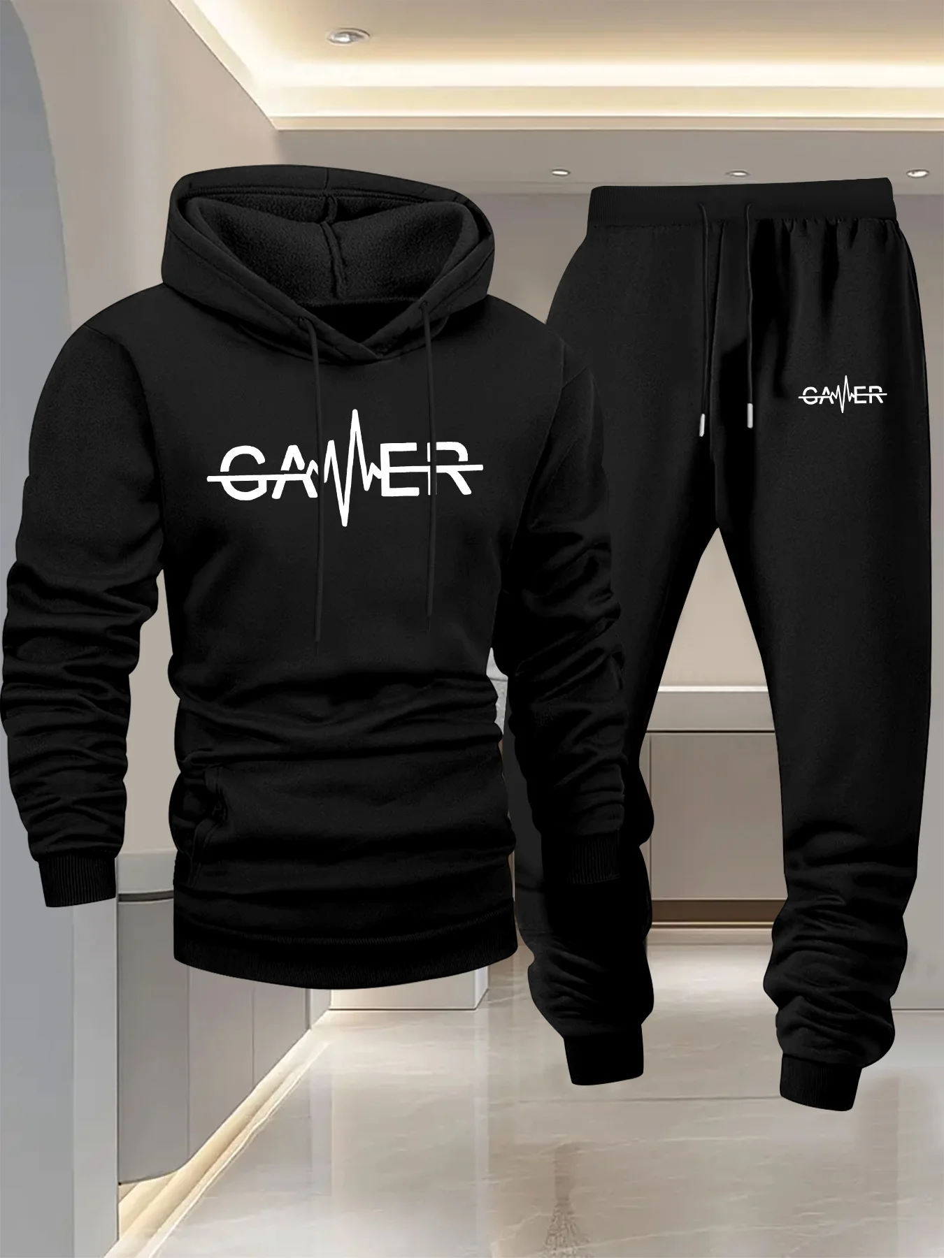 

2026 new Men Gamer Print Hooded Tracksuit 2 Piece Set Drawstring Sweatpants Fitness Gym Jogging Sports Outfit Hoodies Co-ords