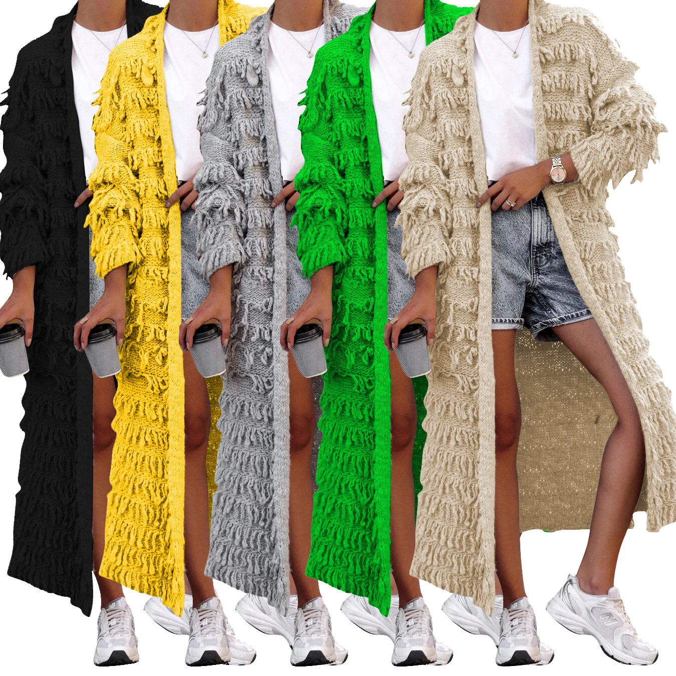 

Coats Women Long Coat Tassel Knitted Jackets Maxi Full Sleeve Casual Slim Fit Regular Elegant Splice Cardigan Jacket Solid 2024