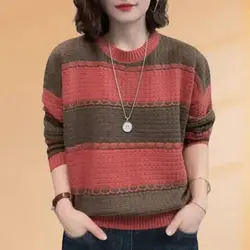 Women Clothing Fashion Long Sleeve Knit Pullover Autumn Winter Casual Loose Striped Patchwork Sweaters Chic All-match O-neck Top