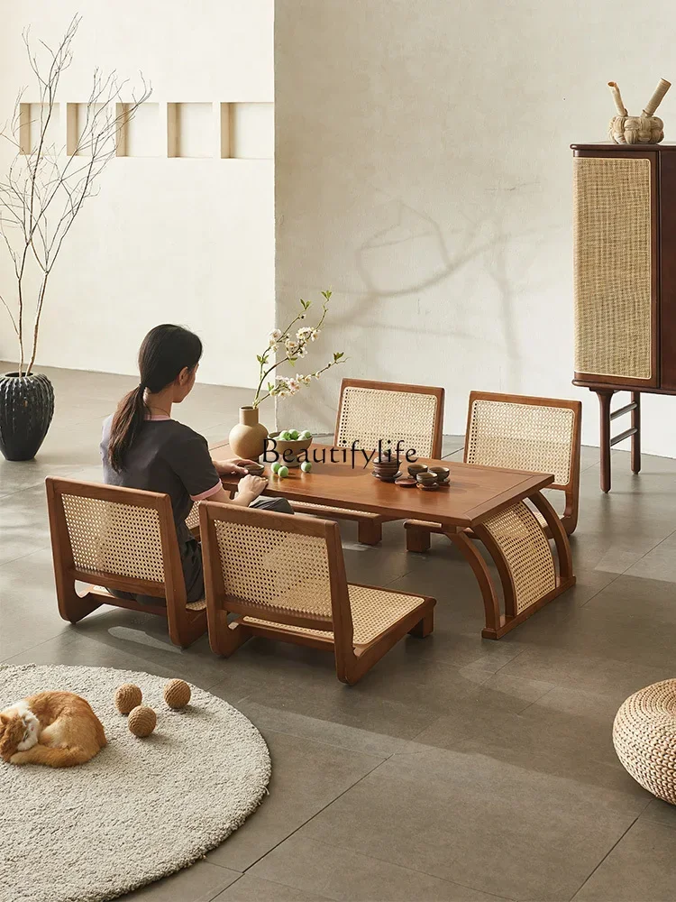 

Japanese-Style Small Table Solid Wood Rattan Tea Room Tatami Table and Chair Combination Chinese Zen Tea Table and Chair