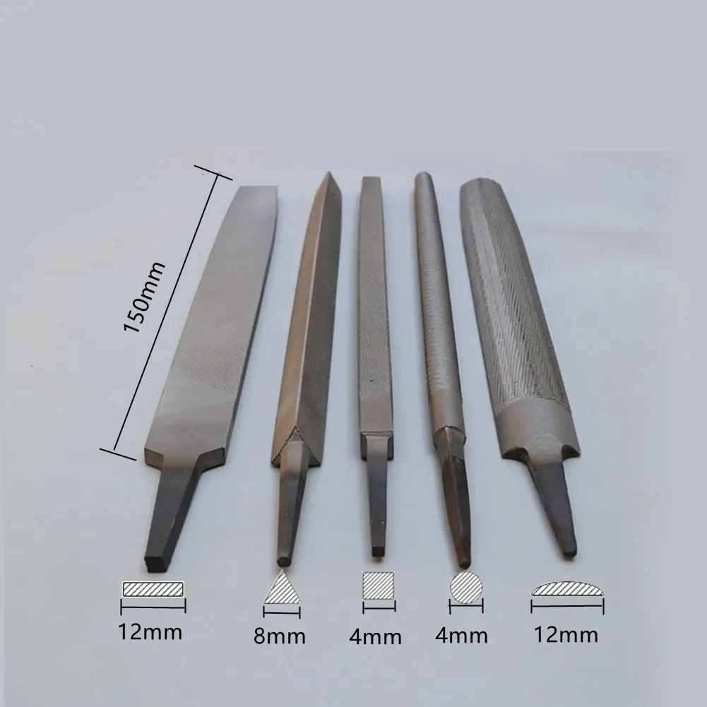 Metalworking Woodworking Industrial Steel File Set 5 Pieces 6-inch Flat File/Circular File/Half-Round File/Triangle File/Square