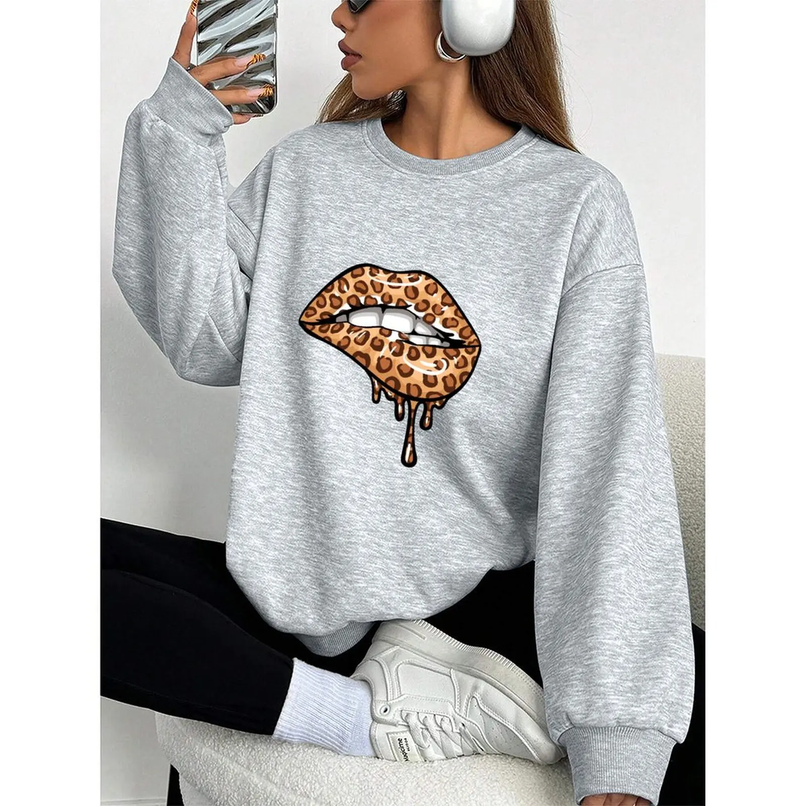 سويت شيرت نسائي برقبة دائرية شتوي كاجوال مطبوع عليه رسومات رائعة ومريحة وأكمام طويلة بلوفرات ملابس نسائية للخريف