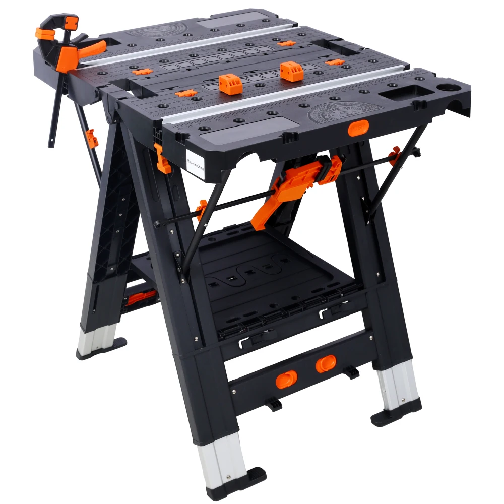 Portable Folding Work Table, 2-in-1 as Sawhorse & Workbench, Large Load Capacity with 2pcs Clamps