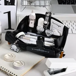 Creative Black Canvas Pencil Box Large Capacity Double Layer Stationery Storage Bag Kawaii Student Supplies Fashion Makeup Bag