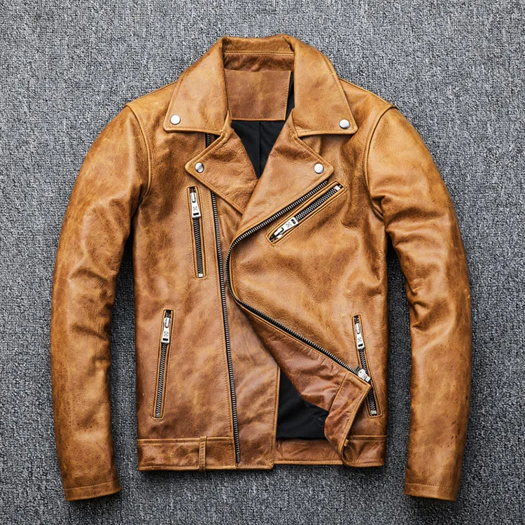 

Natural Oil Wax Calf Skin Jackets Men Leather Jacket Thick Turn Down Collar Yellow Brown Men's Skin Coat Winter M098