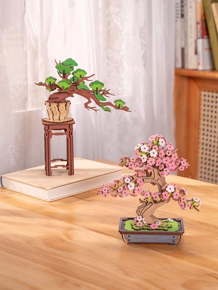 Robotime Rolife 3D drewniane puzzle Sakura Bonsai Evergreen Pine Bonsai bardzo łatwe do złożyć zabawki świąteczne prezenty dla rodziny