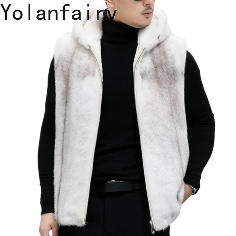 YOLANFAIRY Abrigo de Piel de Visón con Cruz Plateada 100% Natural para Hombre, Chaqueta de Invierno con Capucha, Chaleco de Piel de Visón Auténtica de Lujo, Chaleco sin Mangas