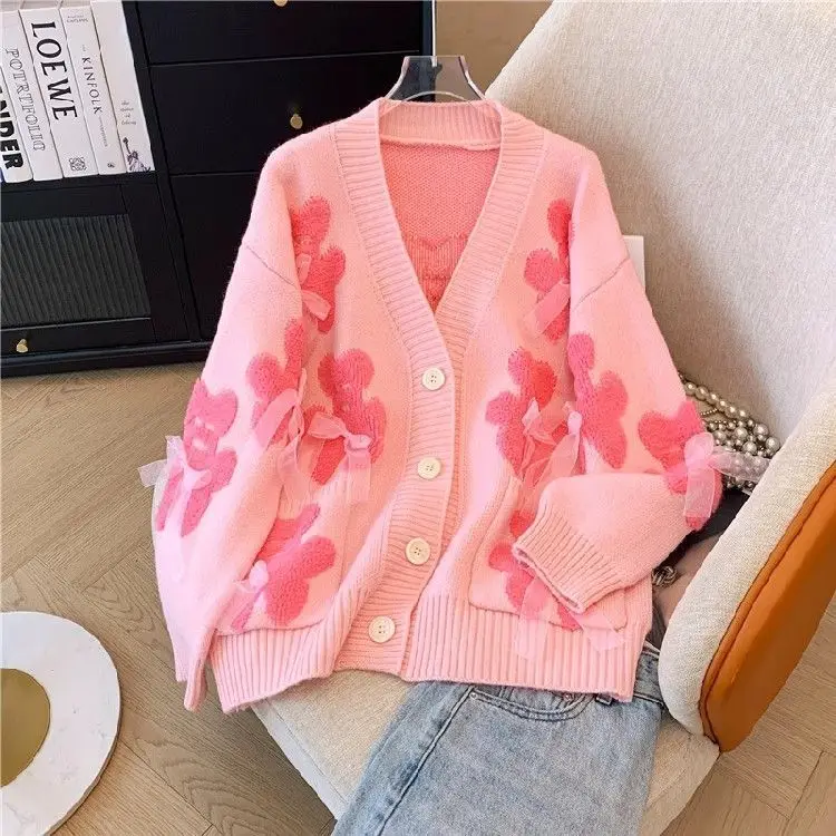 2024 Autunno Inverno Orso Cardigan lavorato a maglia per le donne Vestibilità ampia Accogliente stile pigro Design unico Maglione Capispalla Carino e trendy Top