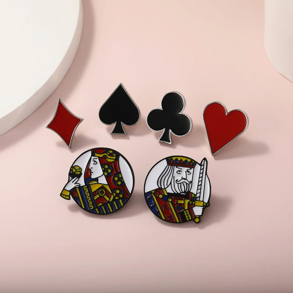 6 Styles Casual Game Heart Spade Diamonds Clubs Shaped Brooches Playing Cards King Queen Enamel Pins For Poker Lovers Badge Gift