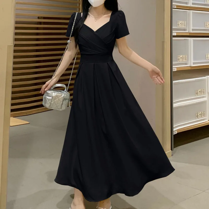

Summer plus Size A-Line Long Dr Square Collar Pleated Waist Inward Concealing Slimming Faionable Maturi Wind Dr