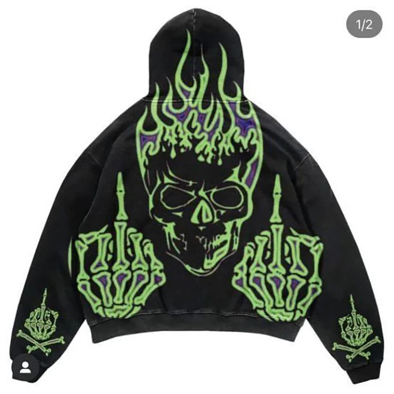 Scary Skeleton Print Men Long Sleeve Hooded Sweatshirts Pocket Autumn Winter Grunge Street Fashion Oversized Clothing Halloween