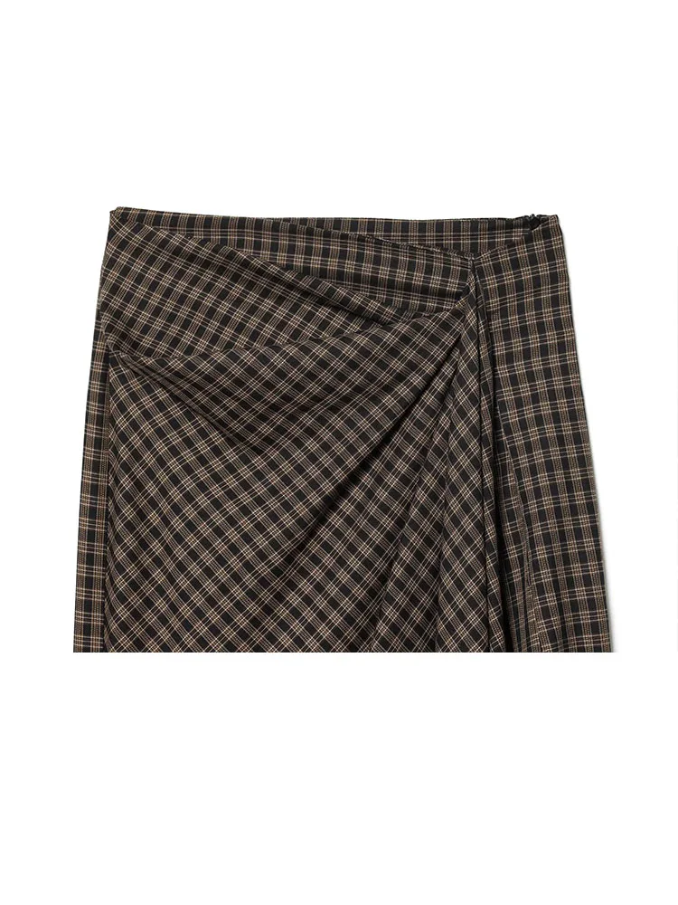 HH Women's New Fashion Vintage Versatile Zipper Pleated Plaid Skirt Female Mid Waist High Street Casual Slit Hem Midi Long Skirt