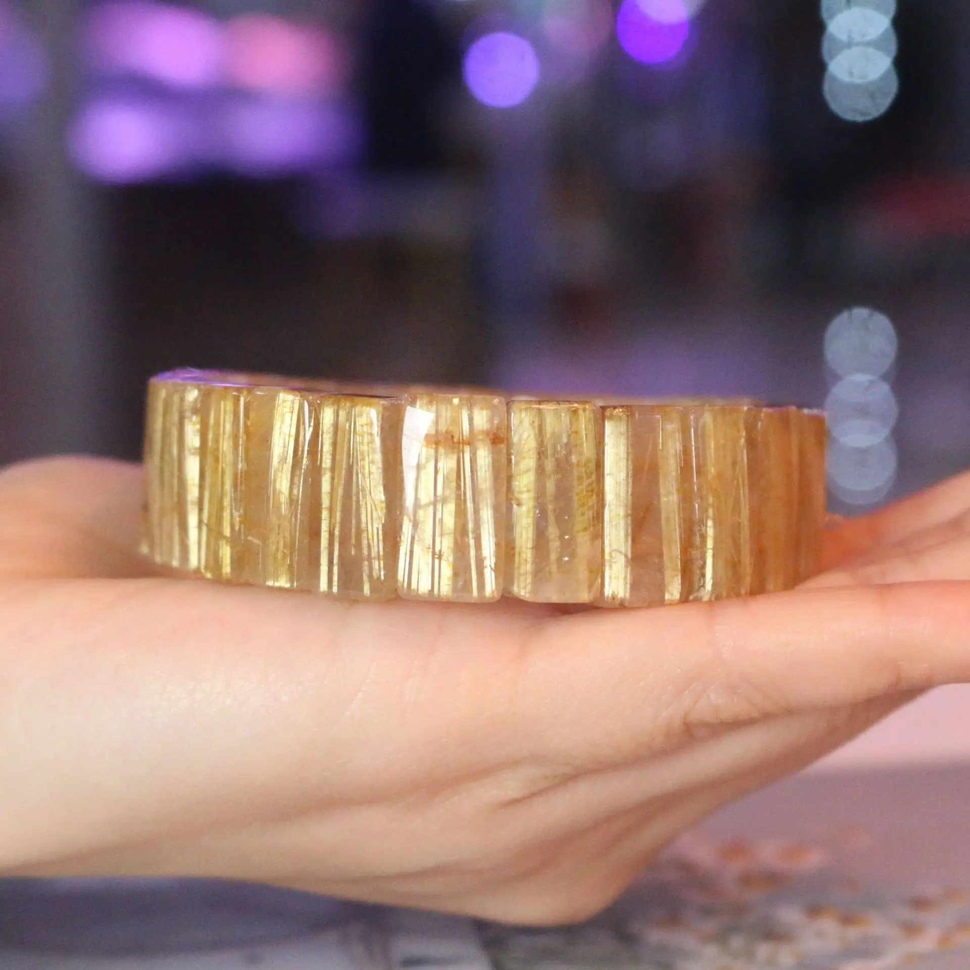 Natural Titanium Rutilated Quartz Bracelet Full Smooth Golden Hair Flat Slab Bracelet Crystal Jewelry Gift Wholesale