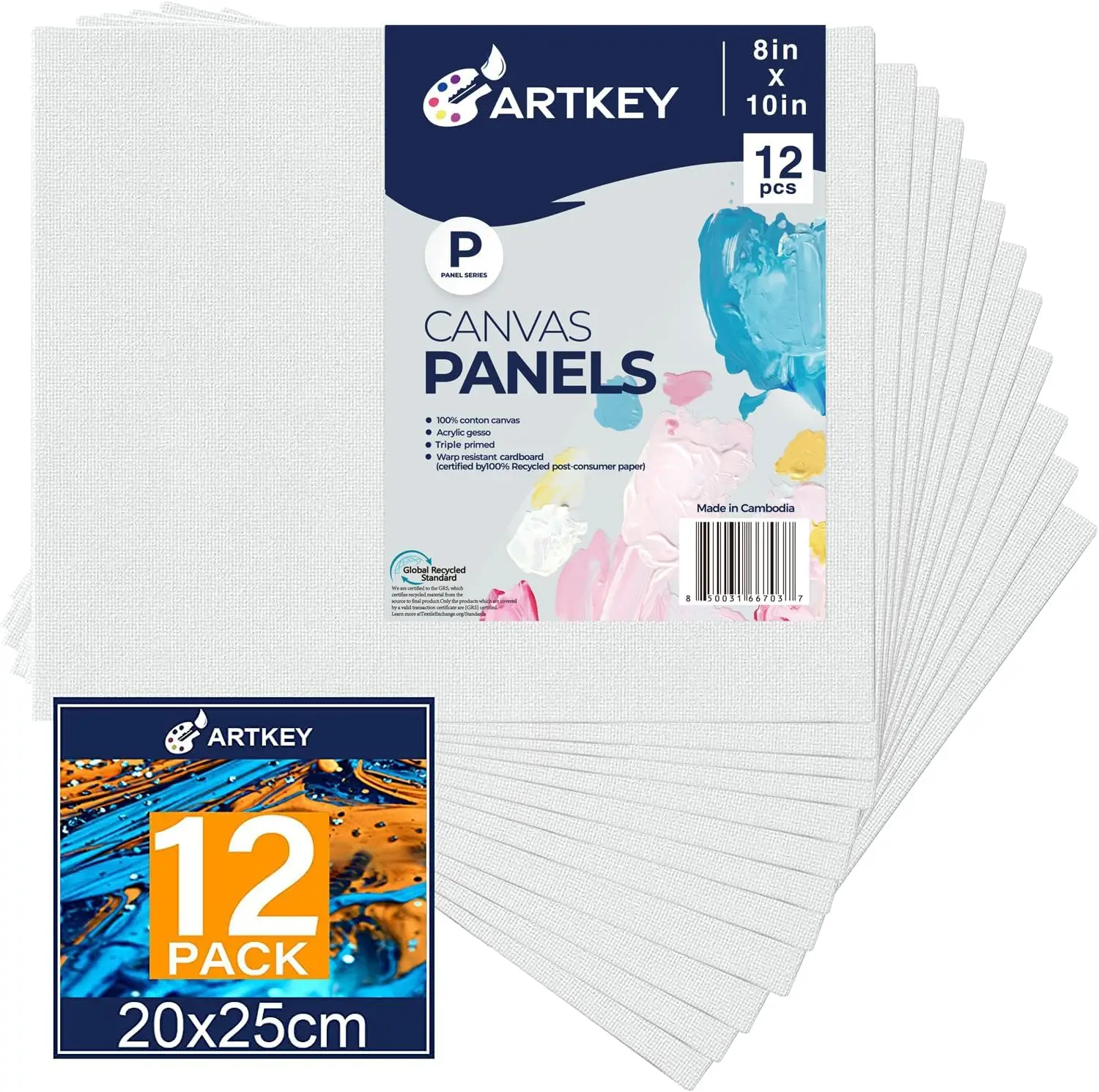 8x10 Inch Canvas Boards for Painting, 12 Pack, 100% Cotton, Primed, Art Supplies