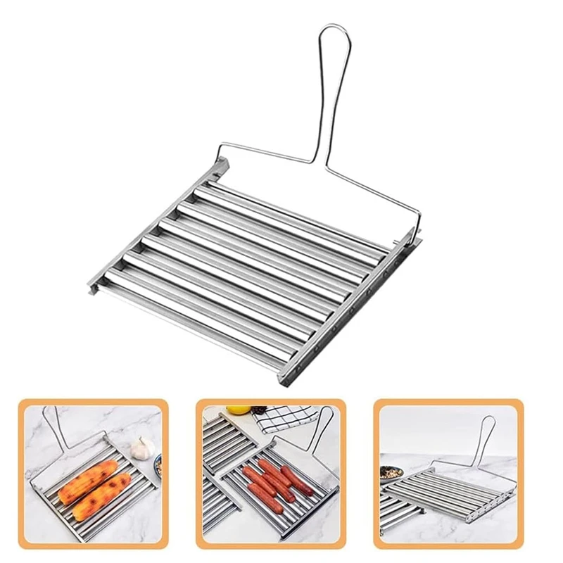 2Pcs BBQ Hot Dog Griller, BBQ Hot Dog Roller, Stainless Steel Towel Rack With Long Wooden Handle, Folding Towel Rack