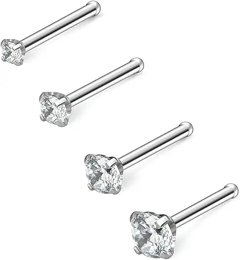 4PCS Round Diamond CZ Nose Bone Studs Rings, Piercing Jewelry