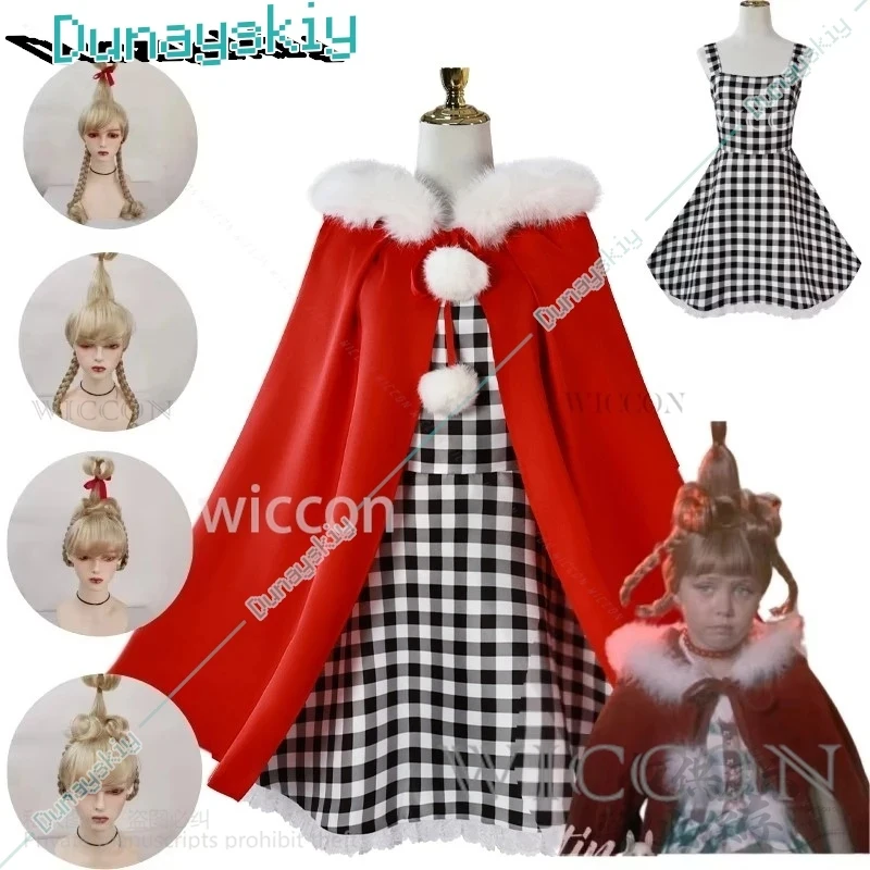 

✦2026✦Anime Cindy Lou Cosplay Costume Cindy Plaid Dress Red Cloak Outfit Blond Wig Women Kids Halloween Suit Christmas Gift Cus✦