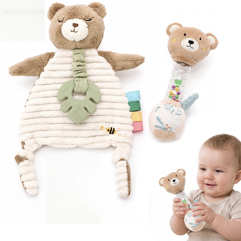 2 Piece Baby Rattle Toys Set Soft Plush Bear with Silicone Teether Sensory Toys for Infant Visual Exercise and Grasping Toys
