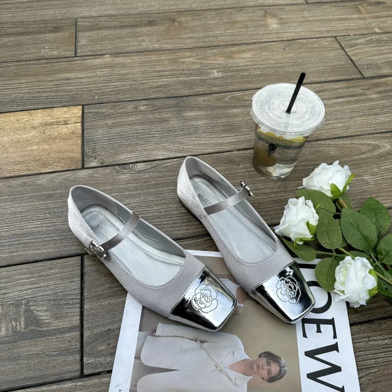 

Retro Square Head Slip-On Women's Shoes Spring Autumn One-Strap Color Block Little Fragrance Style Mary Jane Flat Heel