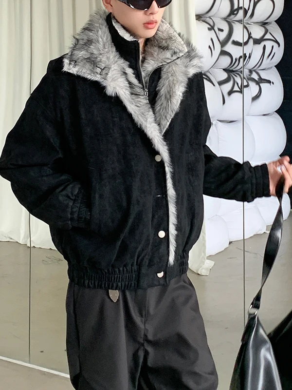 

Retro American ort Double Layer Fluffy Stand Collar Pilot Jaet Cotton Clothes Eagle Pattern Men's Outerwear Casual Sle