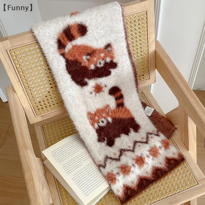 [مضحك] وشاح منقوش على شكل راكون بني كرتوني محبوك من فرو المنك الصناعي ناعم ومريح للنساء أوشحة شتوية دافئة