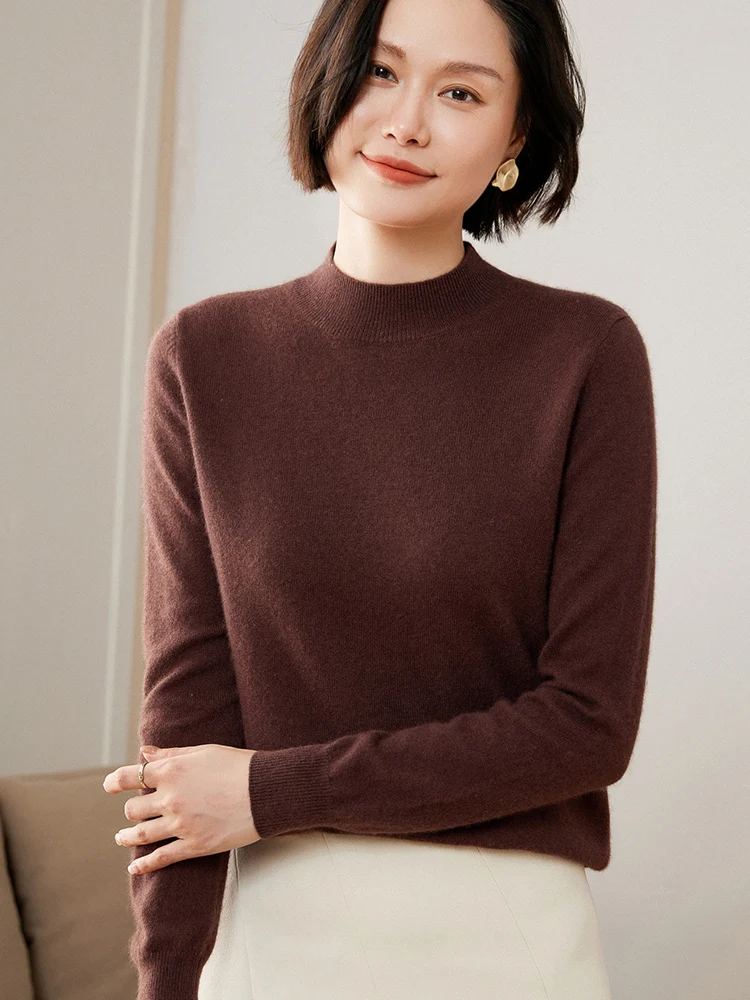 

Solid 100% Cashmere Knitted Chic Mock Neck 12GG Women's Pullovers 2025 New Arrivals Long Sleeve Basic Sweater Soft Warm Tops