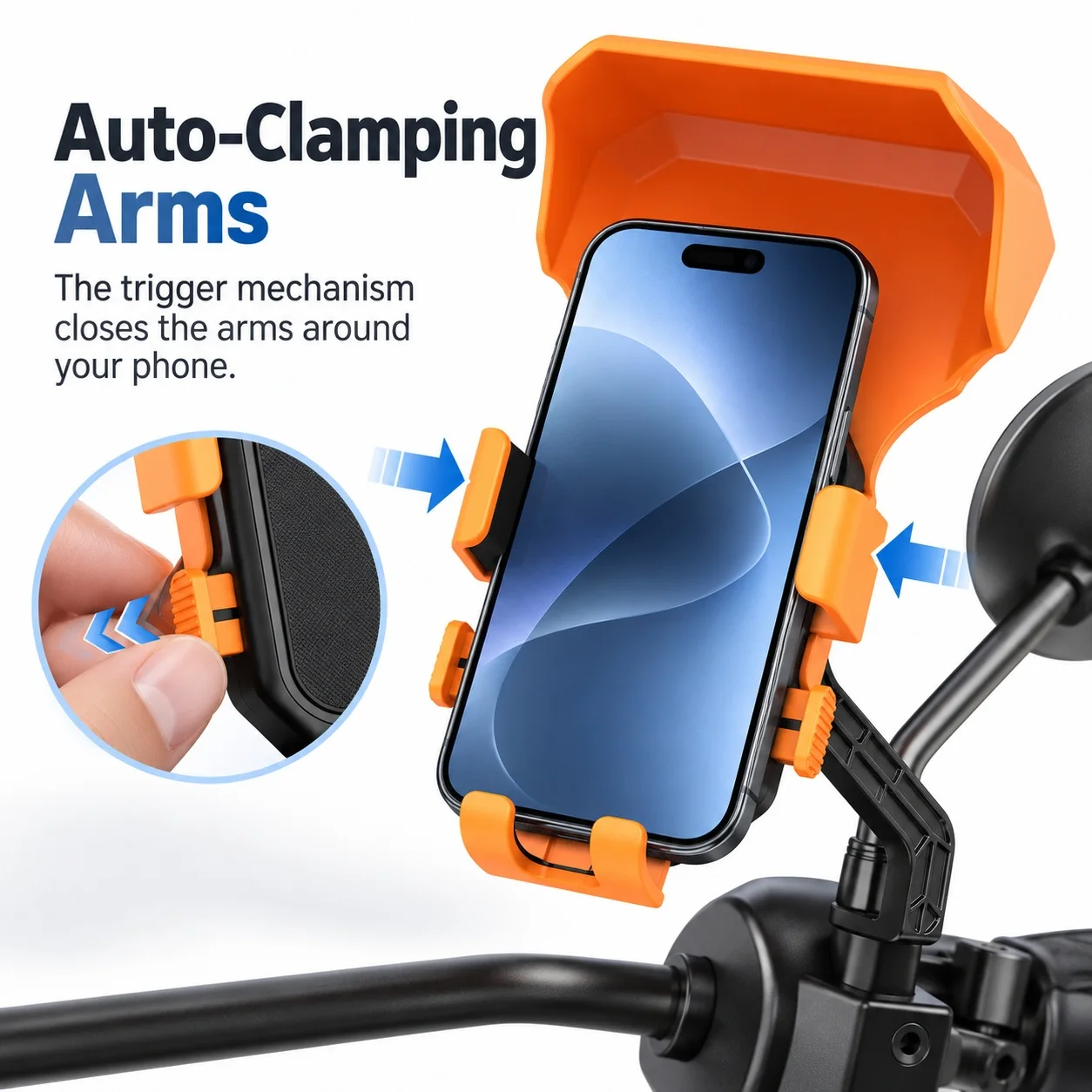 budi CM597C Motorcycle Mirror Phone Holder Auto Clamping Mount with Sun Rain Shield for 4.7-7.2 Inch Phones