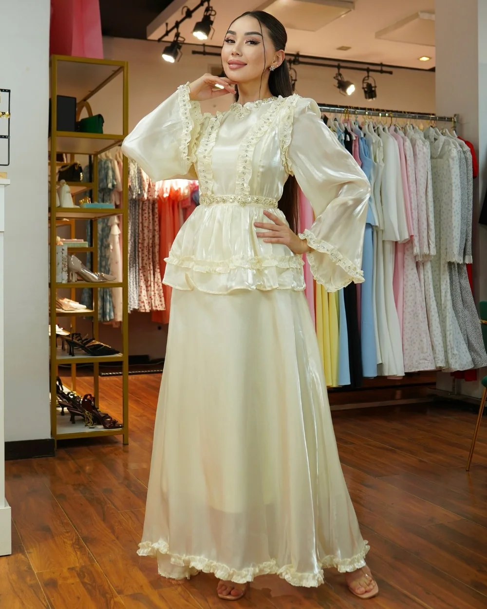 

Customized Exquisite Charmeuse Sequined Beading Rhinestone Tiered Ruched A-line Poretrait Long Dresses Bespoke Occasion Dresses