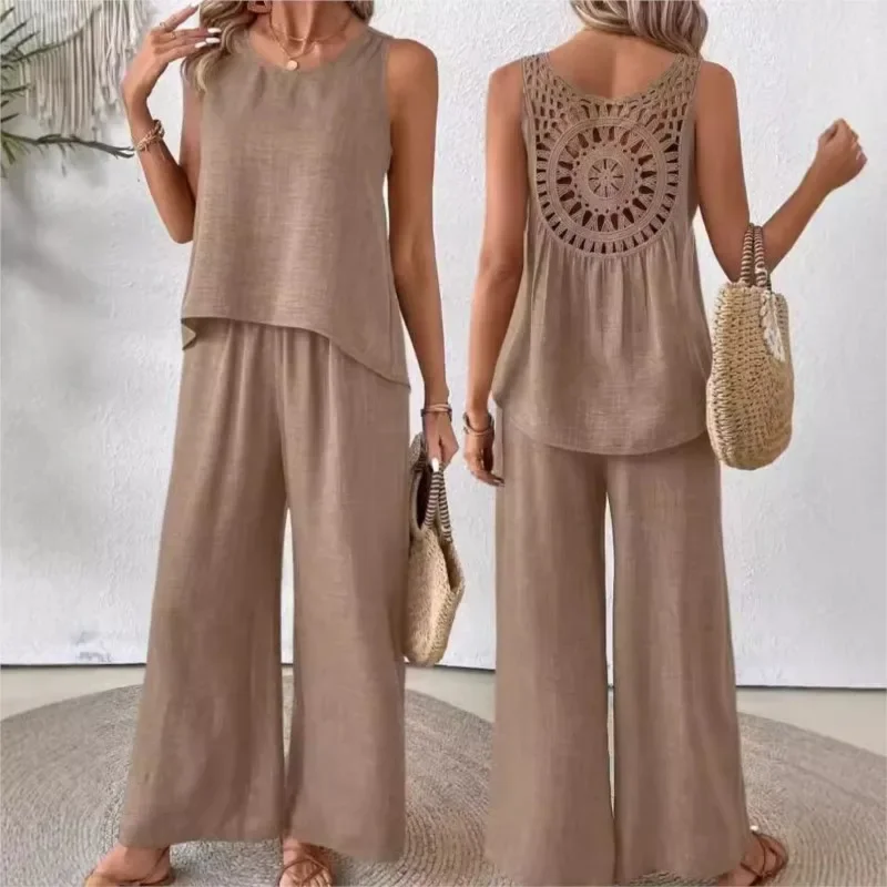 

Fashion Back Hollow Lace Solid Two Piece Set Women's Summer Boho Casual Loose Sleeveless Top Wide Leg Pants 2 Piece Sets Women