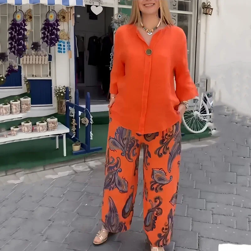 

Autumn Vintage Casual Loose Women Two Piece Outfits Solid Color Vneck Buttons Pullover Tops Print Straight Trousers 2 Piece Sets