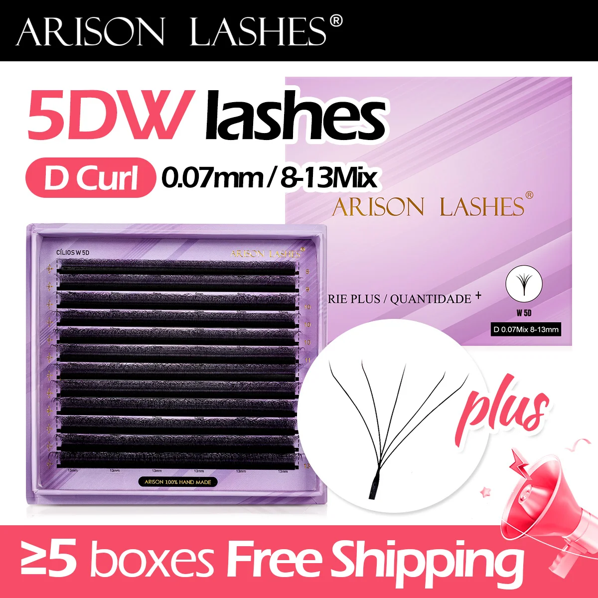 ARISON Plus 2 w 1 5D Lashes Magnetic Carton Premade Volume Fans Eyelashes Extension 5D W-shape Eye Lashes For Wholesale