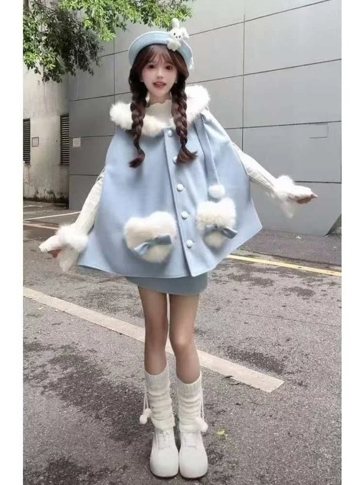 

Синий сладкий милый меховой воротник Плащ Пальто ort Юбка Комплект Зимний маленький размер Молочная серия Новогодняя одежда Один весь комплект для женщин