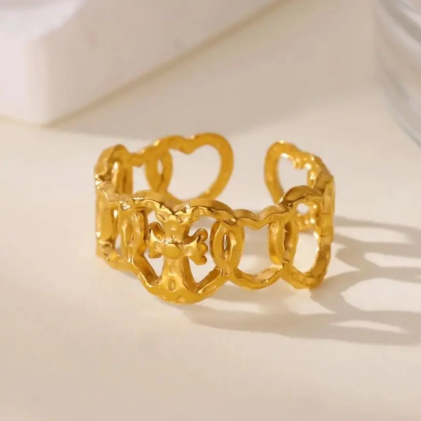 

Classic Heart Cross Rings For Women Gold Plated Stainless Steel Geometric Heart Adjustable Ring Wedding Christmas Jewelry Gift