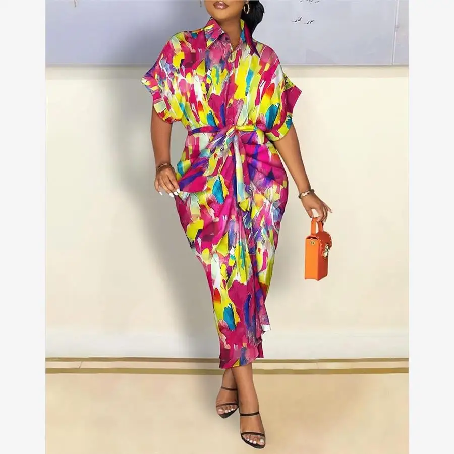 المرأة طويلة Sve V-ne مطبوعة irt Dr Street Sle القطن الكتان الصيف Dr H-aped ex العادية Sve طول