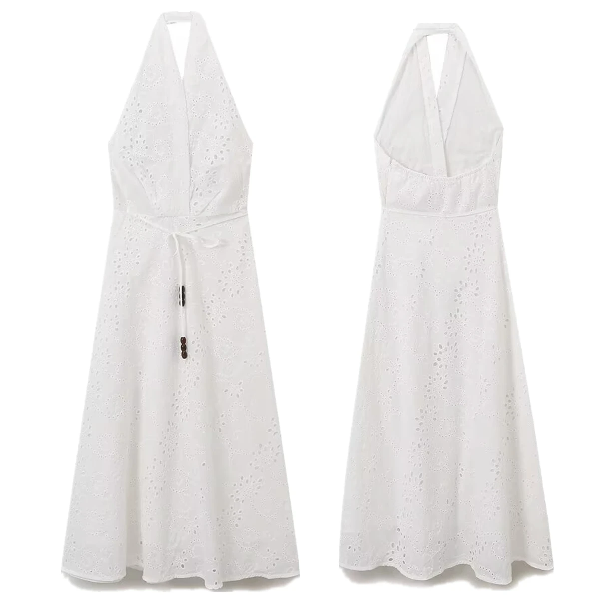 

Maxdutti 2025 Summer Minimalist Cotton White Embroidered Hollow Dress French Sexy Halter Neck Elegant MIDI Dress Women