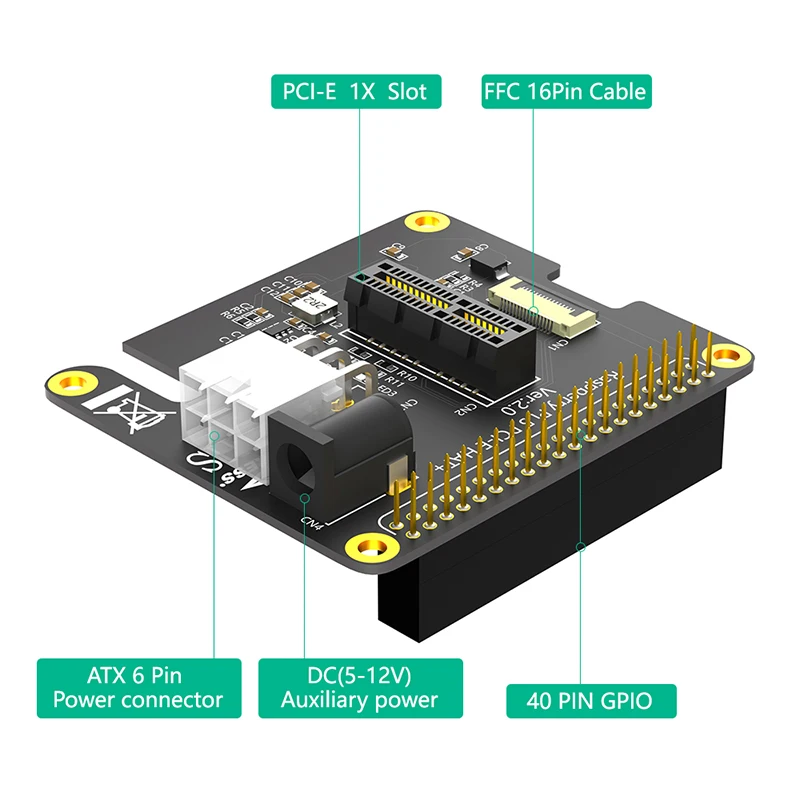 Adaptateur PCI-E avec câble FDavid, connecteur ATX 6 broches, alimentation externe DC 12V, en-tête GPIO 40 broches pour Raspberry Pi, PCI Express, nouveau