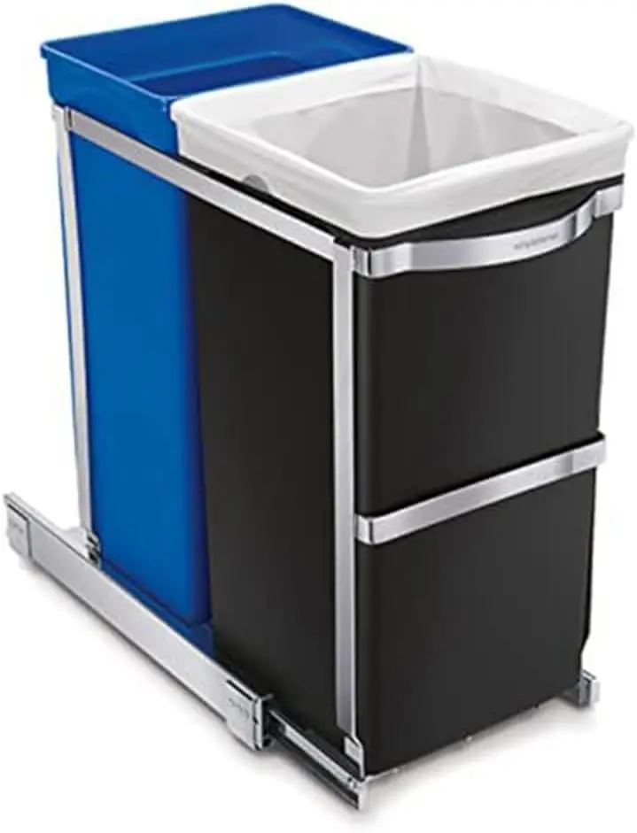 35 Liter / 9.3 Gallon Dual Compartment Under Counter Kitchen Cabinet Pull-Out Recycling Bin and Trash Can, Chrome