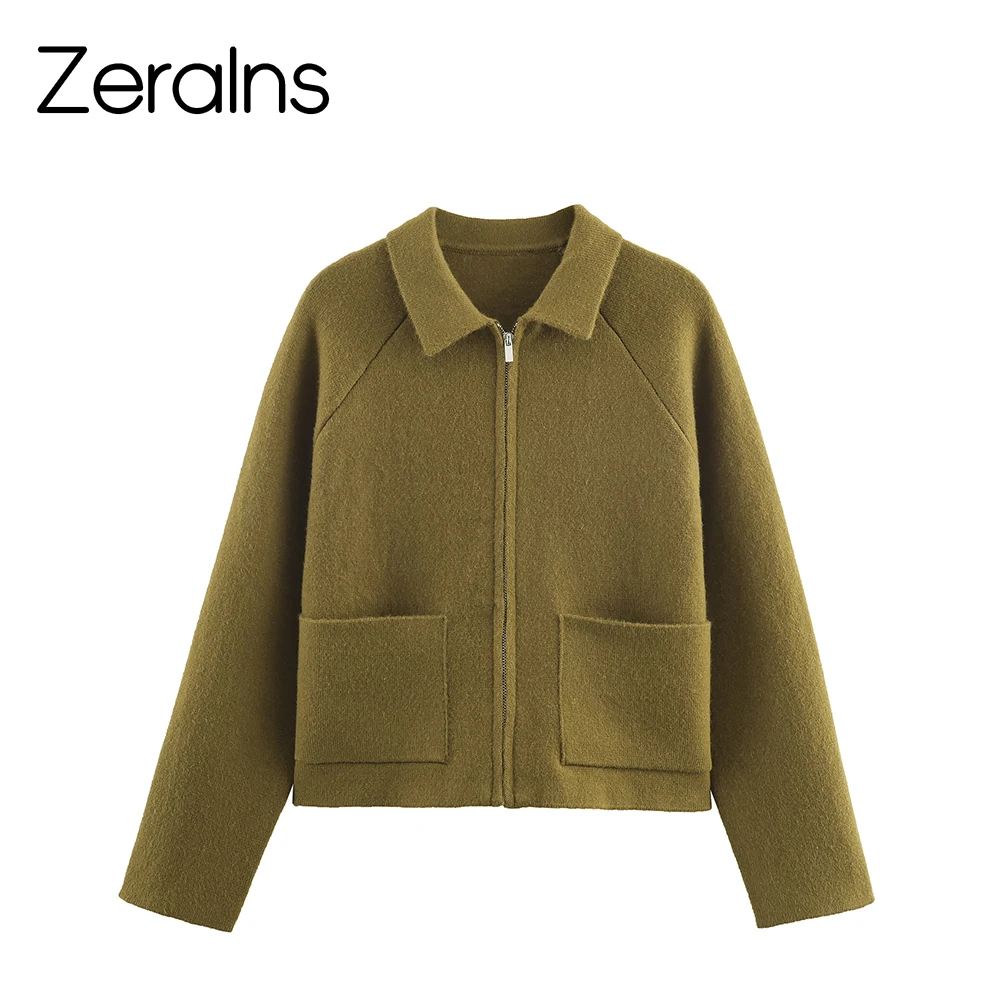 

ZERAINS 2025 зимнее новое женское легкое роскошное стильное свободное вязаное пальто с откидным воротником и длинными рукавами на молнии