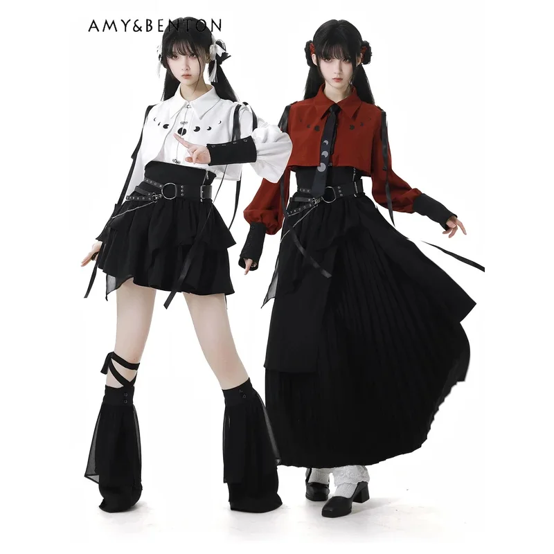 25COSSweet فتاة باردة الصليب الدانتيل يصل قميص سليم الصناعة الثقيلة الرجعية المطبوعة حزام غير النظامية تنورة قطعتين مجموعة النساء ثقافة فرعية