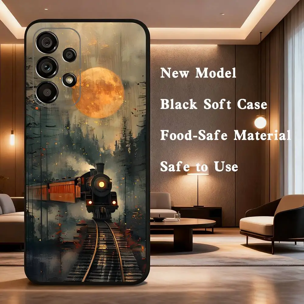 Classic Steam Train Railway Phone Case For Samsung Galaxy A73,31,32,72,41,53,52,71,22,5G,Note,J7,8,9 Soft Black Cover