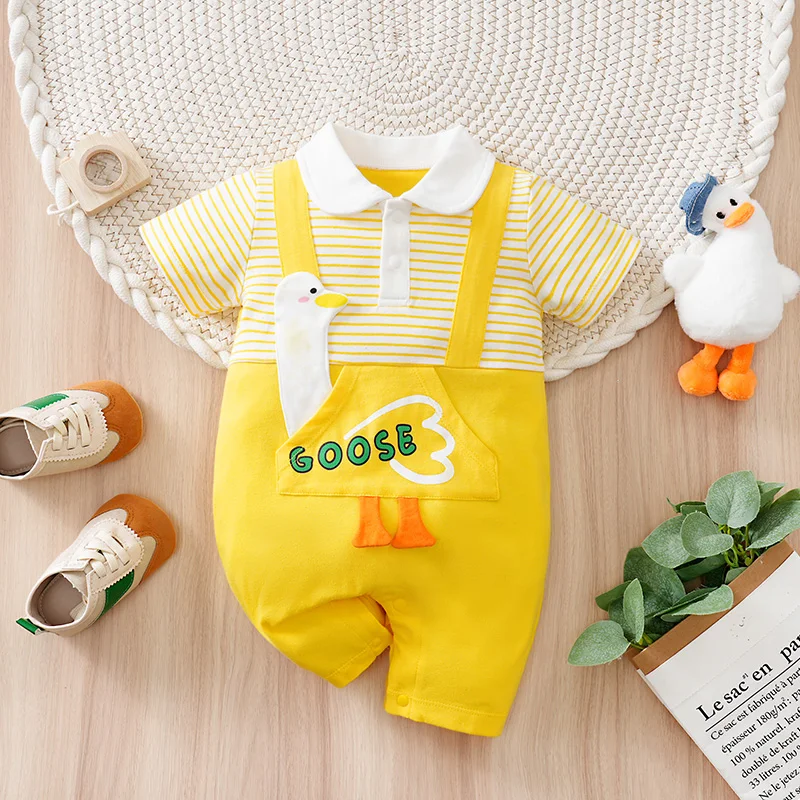 

Cute Cartoon Goose Summer Short-Sleeved Jumpsuit with Mock Straps for Newborns and Infants 0-18 Months Creative Pocket Design