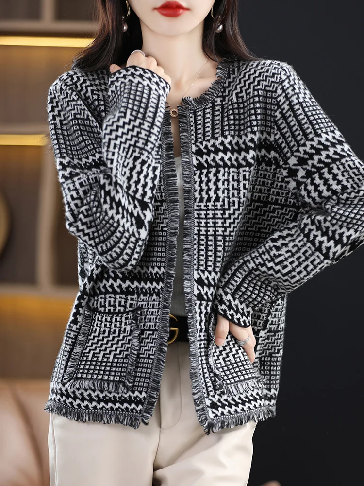 Fashion Women Cashmere  Cardigan Autumn Winter Thick Casual Loose Style Sweater 100% Merino Wool Knitwear Checkered pattern Tops