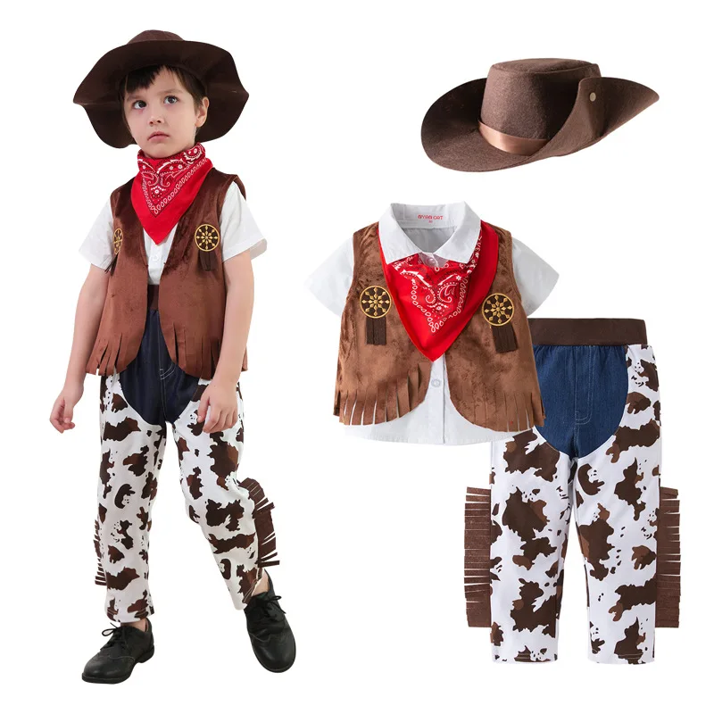 תחפושת לת Baby boy Kids Toddlers Halloween costume cowboy 5-pc suit purim event Holiday outfits Hat Scarf Shirt waist coat Pants