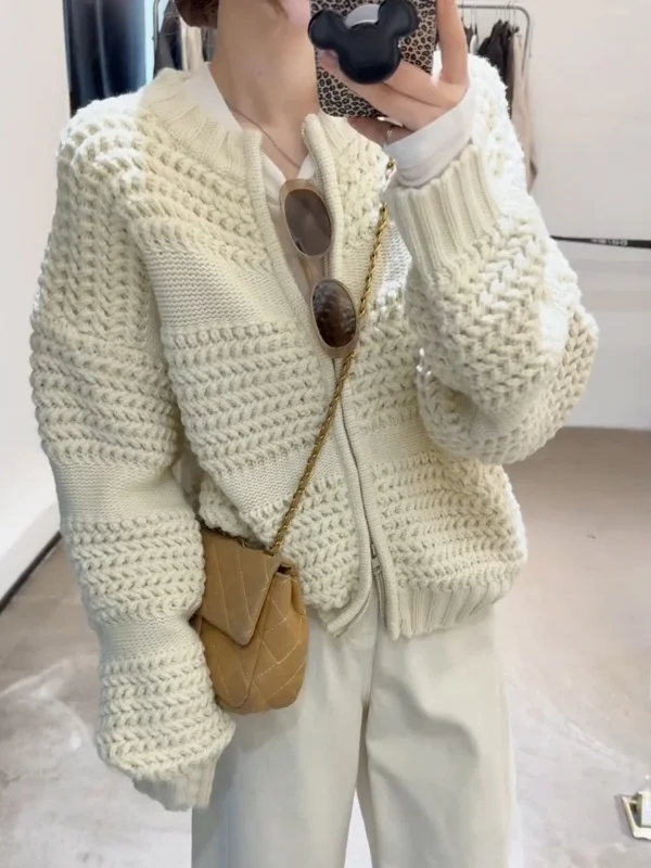 Retro Gruby Sweter Rozpinany z Igliwej Dzianiny z Imitacji Igliwy Sosny, Zapinany na Zamek, Damski, Zimowy, Nowy, Ciepły, Casualowy...