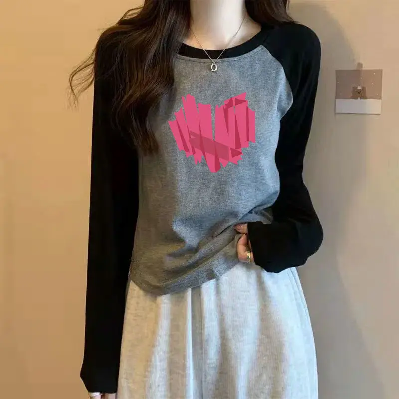 Spring Autumn New Contrast Patchwork Slim T Shirt Tops Long Sleeve Vintage Printing Bottoming Shirt Casual Fashion Women Clothes