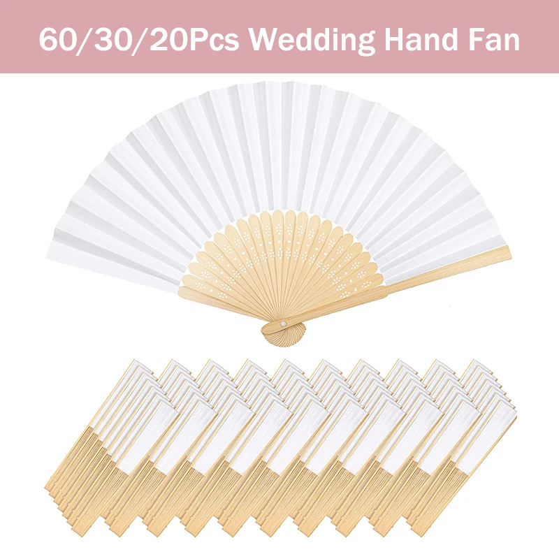 60/30/20Pcs Wedding Hand Fans Gift to Give Guests White Paper Hand Fan Bamboo Folding Fans Handheld Fan Custom Fan Wedding Lot