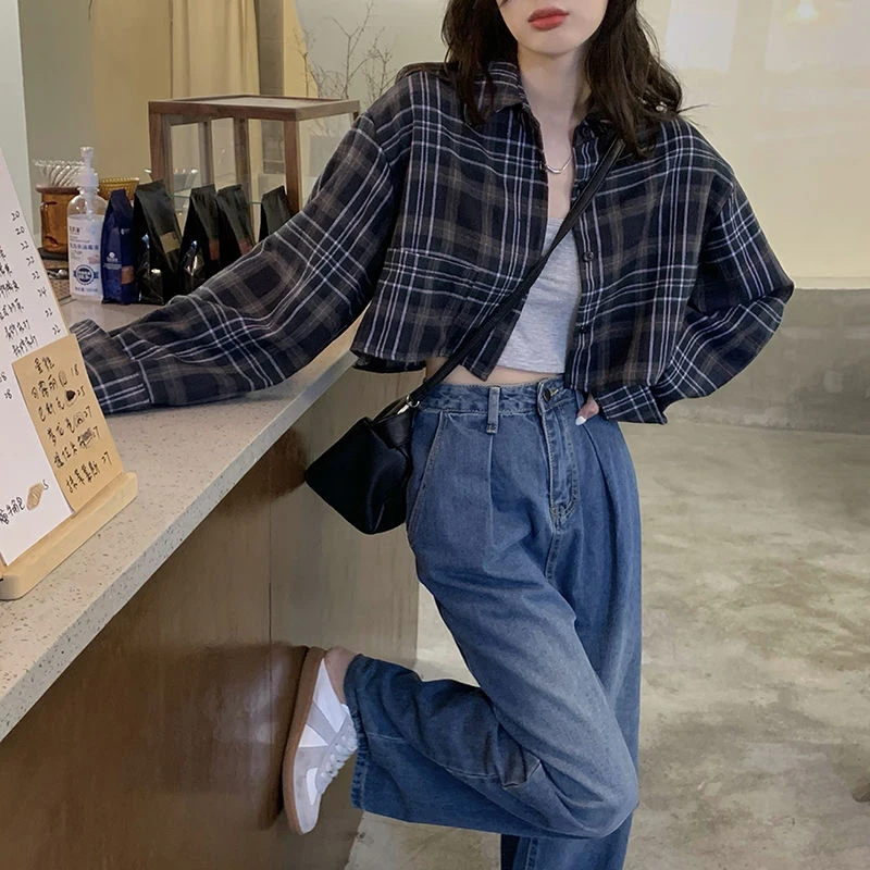 MEXZT Harajuku Crop Plaid Shirts Women Vintage Long Sleeve Loose Sunscreen Blouses Korean Fashion Casual All Match Top Thin Coat